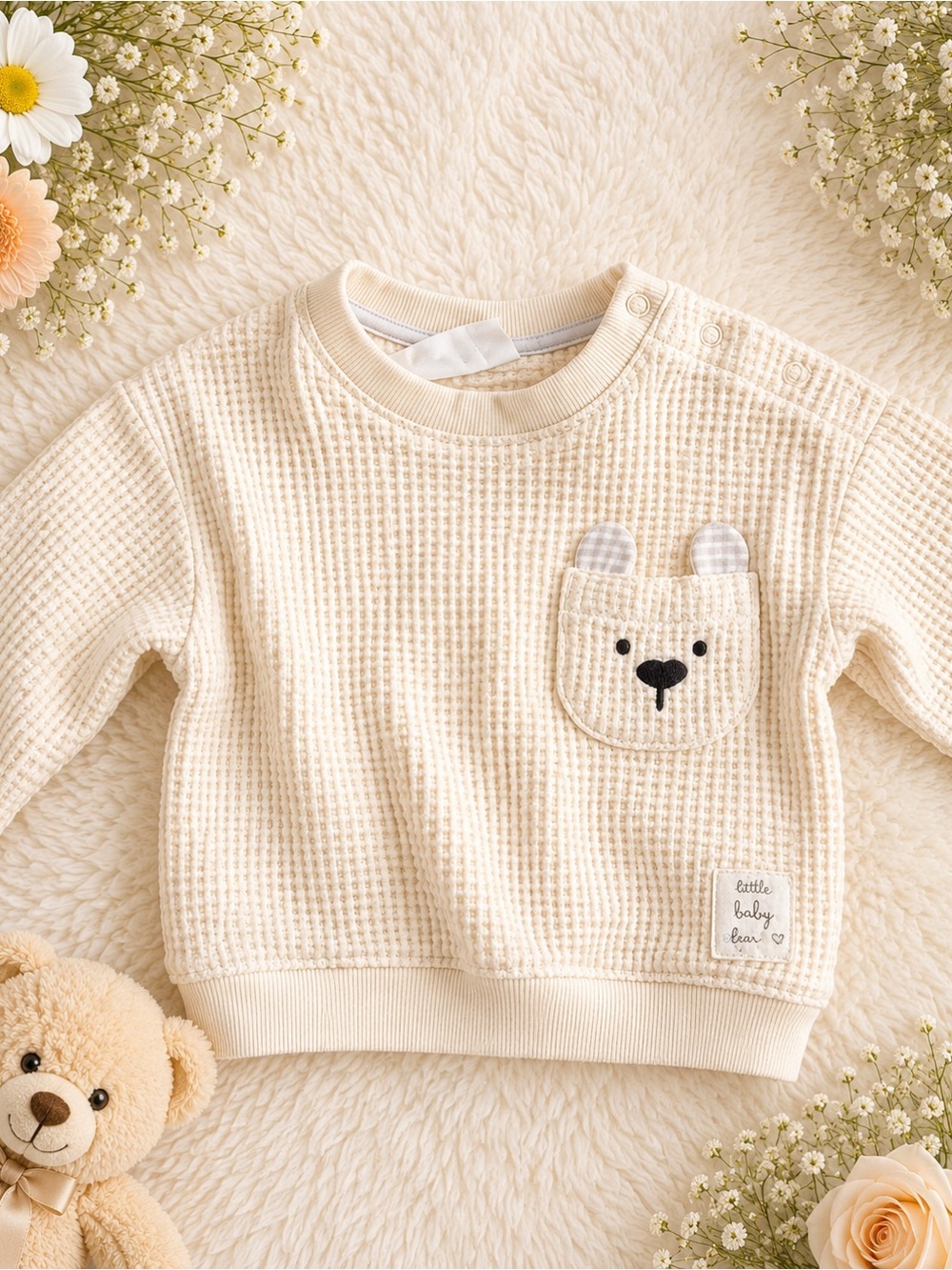 Cream Bear Pocket Waffle Knit Sweatshirt for Kids